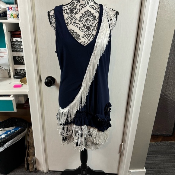 Oleg Cassini navy with white fringe flower embellished mini dress vintage - Picture 1 of 9